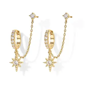 Women Girls Chain Double Stud Earrings with Chain, Double Piercing Dangle Earrings with Cuff and Stud, Connected Two Hole Jewelry Set, Stackable Earrings for First and Second Lobe Cartilage Piercings