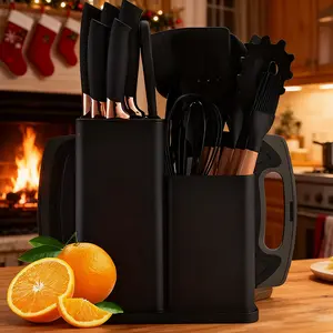 Black friday sales 2025 pots pans set 19 Piece Kitchen SetCutleryCooking Utensils, HeatResistant Silicone Cutlery 6Piece Sharp Knife Set2 Piece Cutlery Cutting BoardWoodCookware Rectangular Round Stove WoodenPlasticWhite Kitchenware
