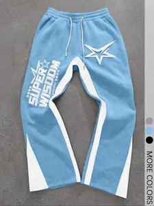 Men's Casual Color Block Letter Print Drawstring Waist Sweatpants, Men's Star Print Sweatpants, ,Boyfriend Gifts, Christmas Gifts, Sweatpants Men Great Quality, Star Pants Men, Street Wear Pants, For Rave, Back To School, Athleisure Style Bottoms