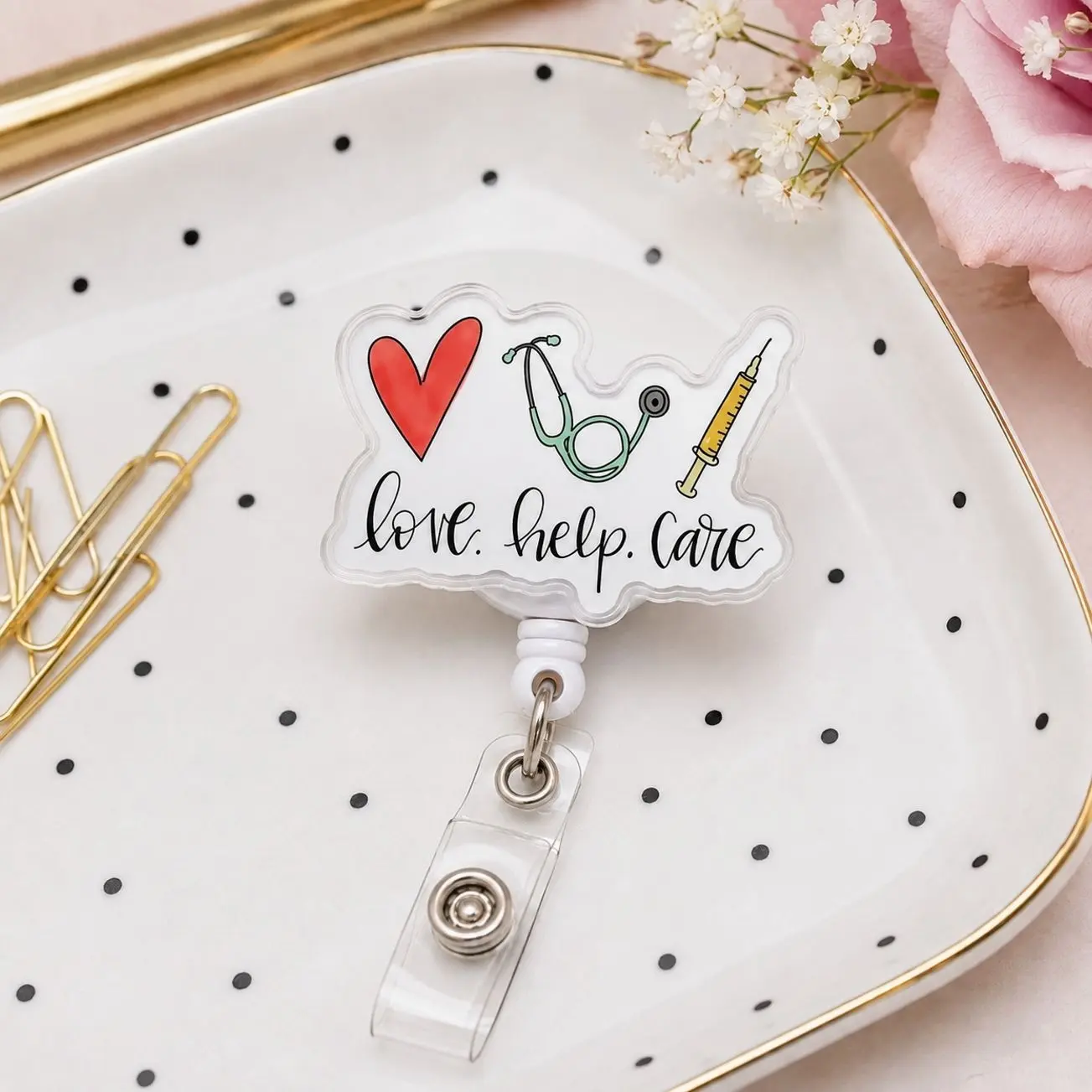Love Help Care Badge Reel, Cute Nurse Acrylic Retractable ID Holder, Medical Badge Clip for RN, CNA & Healthcare Workers