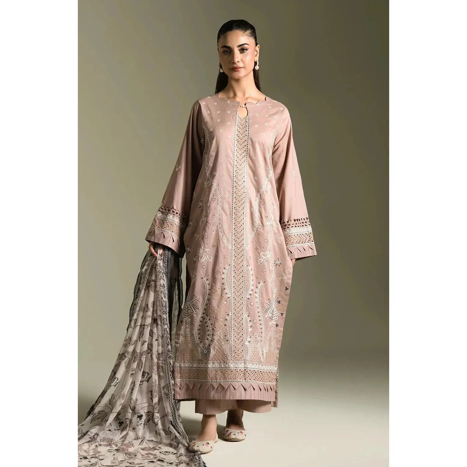Stitched 3-Piece Lawn Suit for Lady, Breathable Embroidered Shirt and Trouser with Printed Chiffon Dupatta, Elegance, Women, Matching