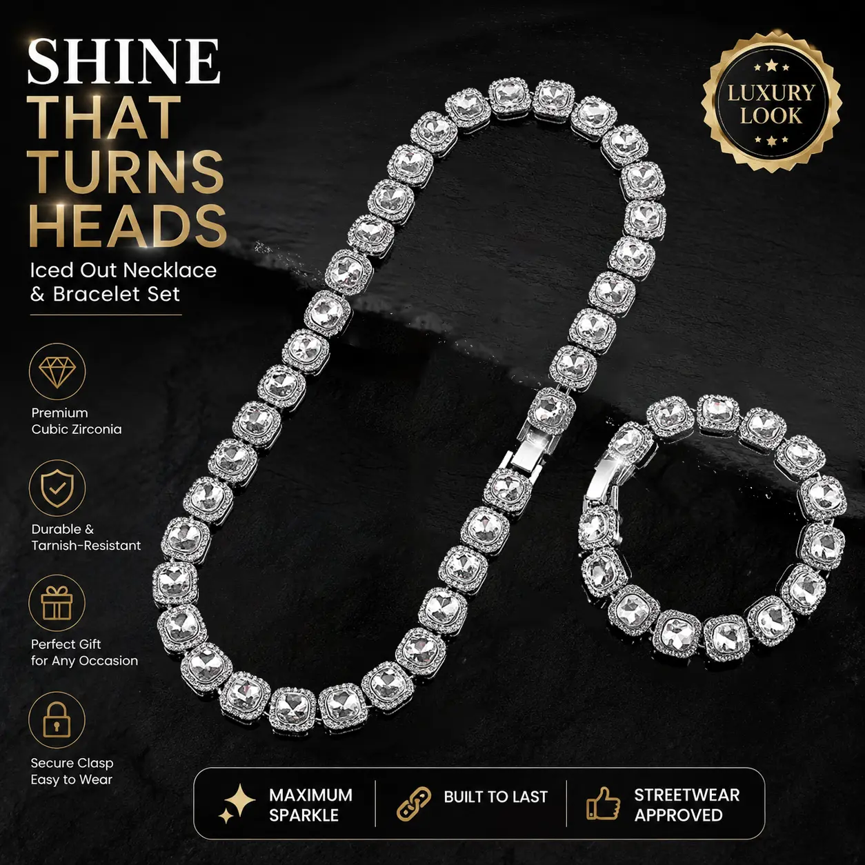 2 PCS Iced Out Tennis Necklace Bracelet Square Baguette Tennis Chain Clustered Diamond Tennis Necklace Bracelet Hip Hop Jewelry For Men Women