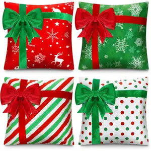 Christmas Pillow Covers 18 x 18 Inch Set of 4 Farmhouse Xmas Throw Pillow Cases  Box Style Red Green White Snowflake Bow Decoration for Couch Holiday Sofa Cushion Decor