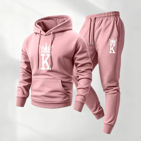 Men's K Logo Printed Hoodie and Drawstring Sweatpants Set, Menswear, Casual Athletic Long Sleeve Hooded Jacket & Trousers for Fall & Winter, Men's Clothing for Daily Wear, Sportswear Indoor Outdoor, Tracksuit, Athleisure Summer Clothes