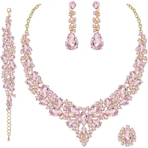 4 /Set Austrian Crystal Necklace Earrings Bracelet Ring Bridal  Sets for Brides Wedding Party Costume Accessories Gifts for Women