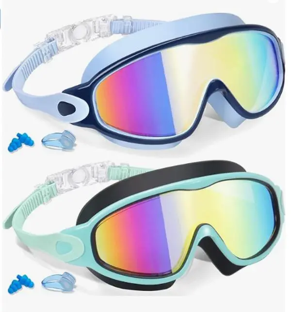 Kids Swim Goggles 2 Pack, Anti Fog Leak-Resistant Goggles for Kids, Wide View Swimming Goggles for Boys Girls with Ear Plugs Nose Clip, Pool Beach Swim Lessons Goggles