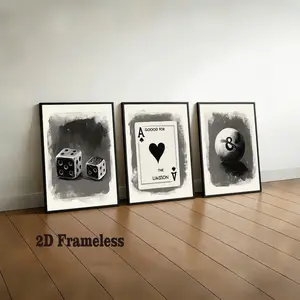 3-piece set, black-and-white playing card and dice-themed wall art; “Lucky Number 8” ball poster; retro Y2K fashion; preppy-style canvas wall decor; game room artwork; decorative art; 2D flat design; frameless canvas poster