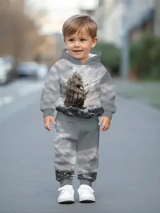 Digital printed hooded sweatshirt set for baby boys with vintage sailing ship ocean scenery design, casual and comfortable, perfect for daily outings, a trendy and versatile gift for little boys