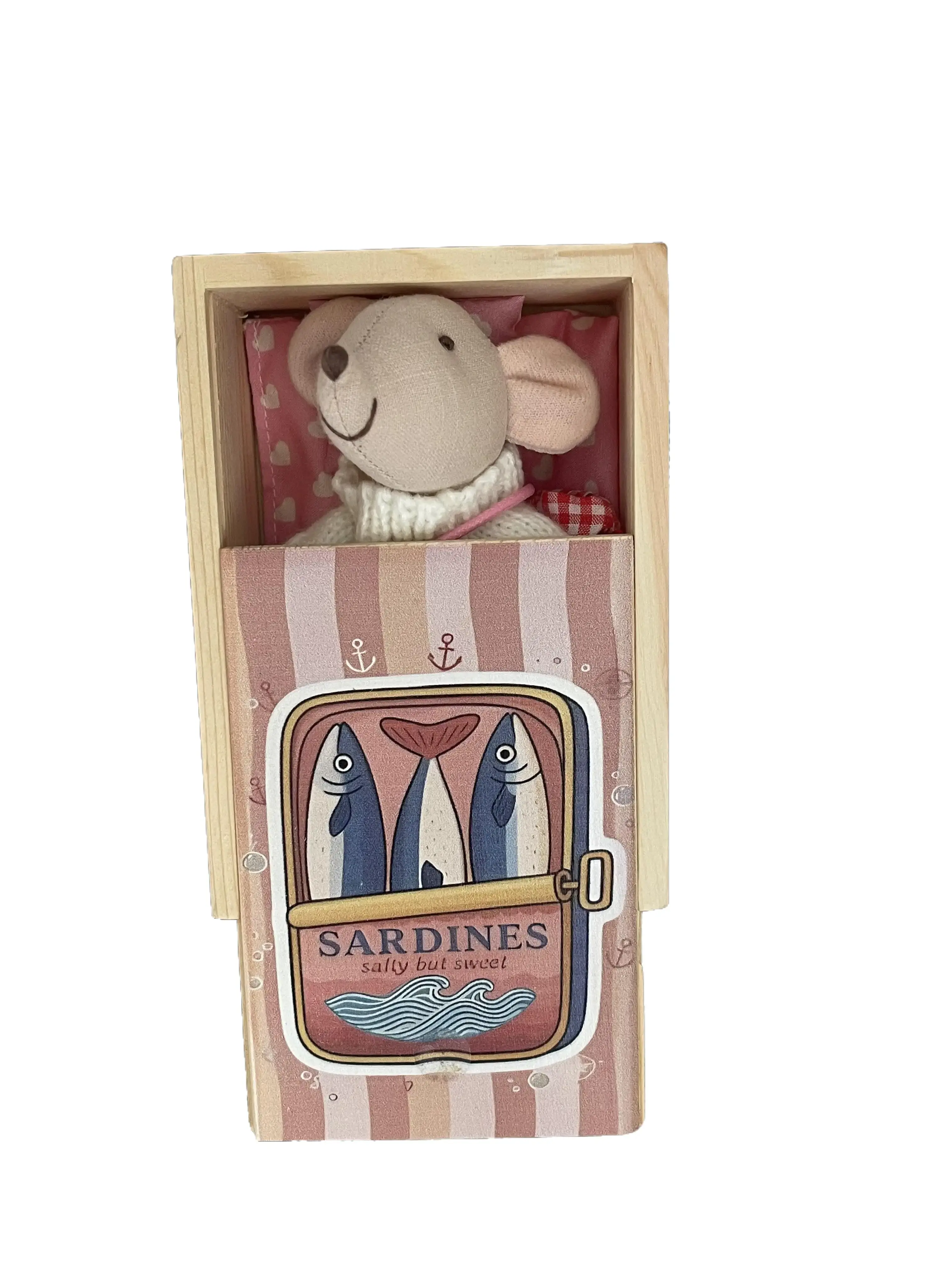 Maileg Mouse Art Toy Collectible - Sardine-Themed Wooden Box Display, Cozy Bedding Included, Unique Piece for Collectors Who Love Tiny Things, Detailed