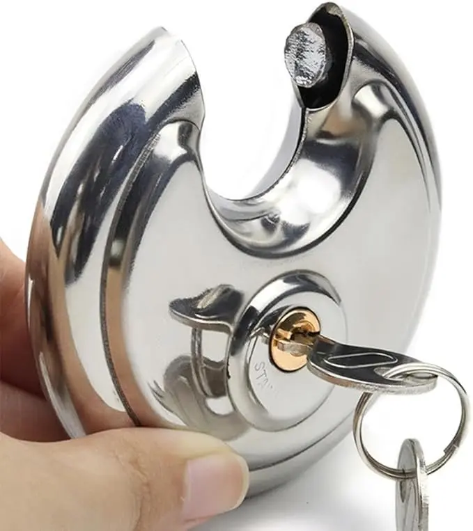 Heavy Duty Metal Round Disc Padlock with Key - Reinforced Hardware Lock for Gym, Outdoors, Those Needing Reliable Security