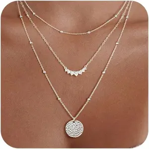 Layered Silver Necklaces for Women, Sterling Silver Stackable Stack Choker Necklaces Trendy Real Gold Plated Layering Disc Circle Pendant Chain Dainty Necklace Set for Women