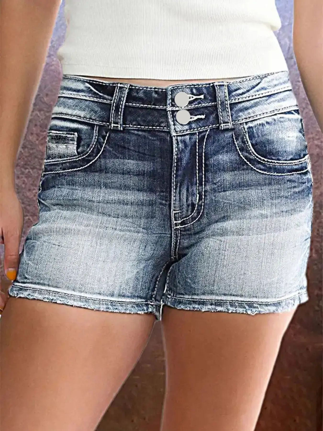Women's Denim Blend Shorts with a Retro Look, Minimalist Streetwear Style with Frayed Hems and a Mid-Rise Button Fly, Trouser, Bottom, Pants, Slim Trousers