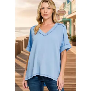 Zenana Corded Ribbed Knit Casual Womenswear Soft Short Sleeve Hi-Low V-Neck Top