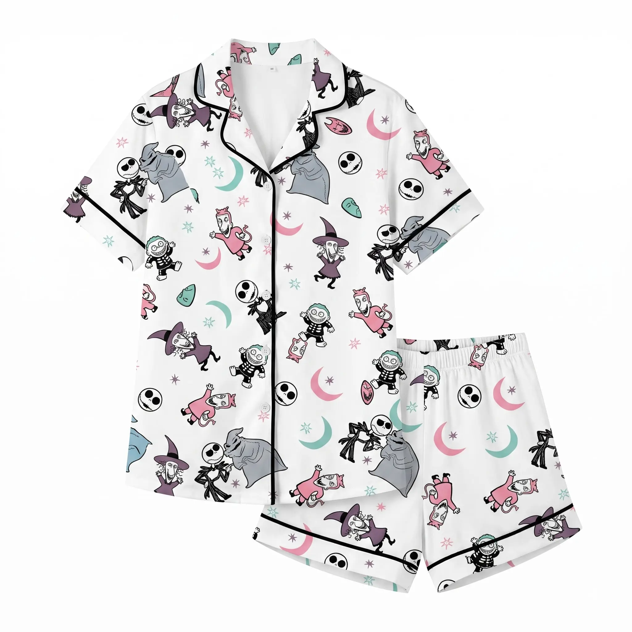Halloween Cartoon Pajamas Set, White Short & Long Sleeve Sleepwear with Spooky Cute Characters , Goth Skeleton Pajamas Set