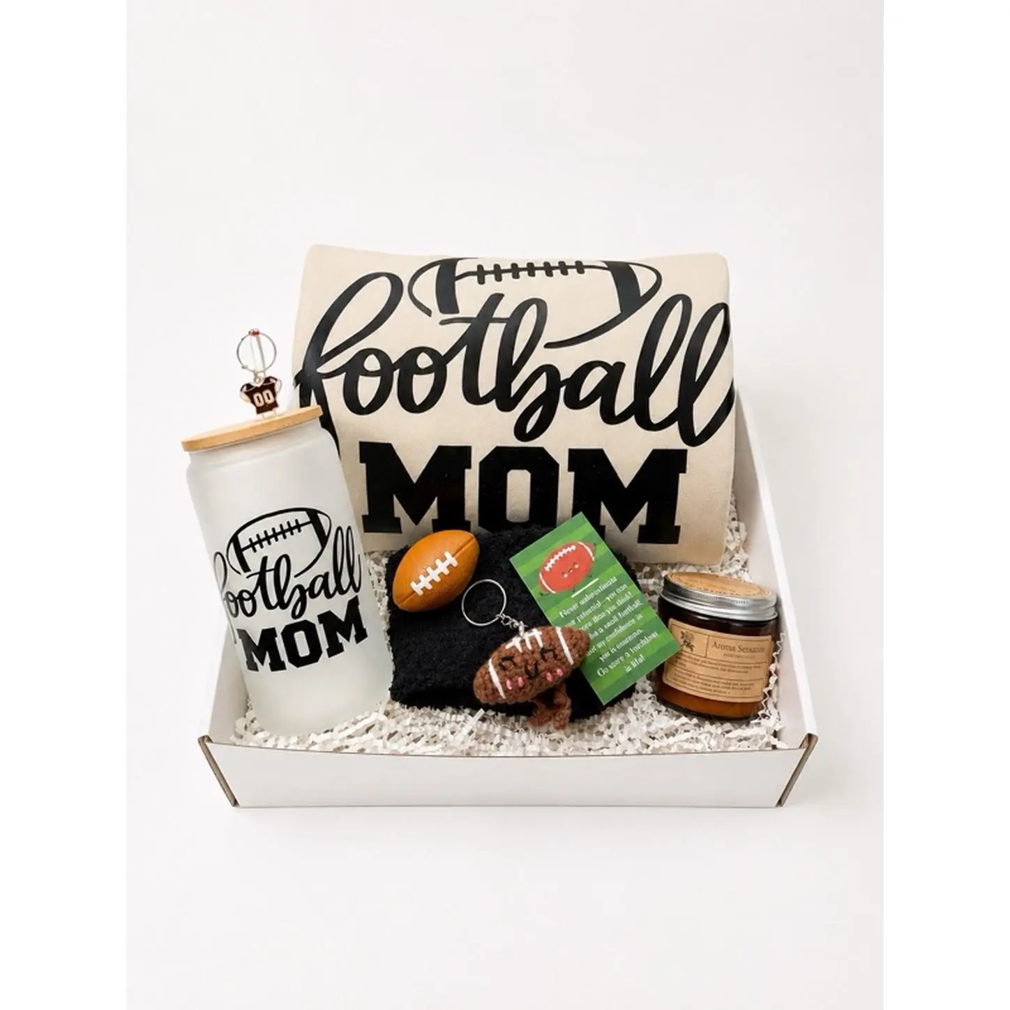 Football Mom Gift Set - Tan Unisex Sweatshirt, 16 oz Glass Tumbler with Football Straw Charm, Stress Ball, Keychain, Aromatherapy Candle