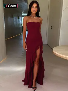 Women's Solid Color Ruffles High Split Off-Shoulder Sleeveless Bodycon Tube Dress, Elegant Chic Gown, Sexy Strapless Backless Ruched Slit Plain Birthday Party Club Evening Gown Holiday Formal Dresses for Ladies Girls