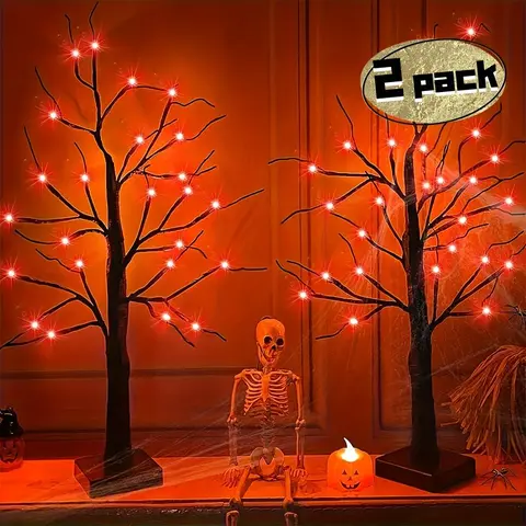 Halloween Black Horror Birch Tree Decorations Supplies - 2-Piece Assortment Set Artificial Trees, 24 in Desktop Decor, 48 LED Lights, 18 Decorative Ornaments, Battery-Powered Indoor Home Decor (Batteries Not Included)