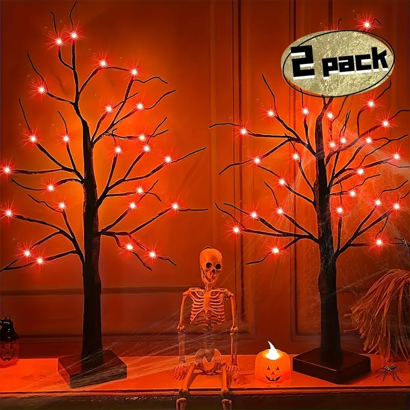 Halloween Black Horror Birch Tree Decorations Supplies - 2-Piece Assortment Set Artificial Trees, 24 in Desktop Decor, 48 LED Lights, 18 Decorative Ornaments, Battery-Powered Indoor Home Decor (Batteries Not Included)