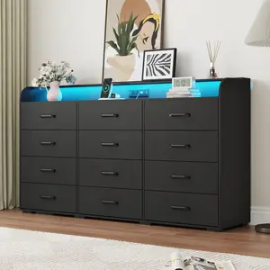 63" Modern 12-Drawer Oak Dresser With Led Light & Power Outlet – Wide Storage Chest With Metal Handles For Bedroom, Living Room, Or Entryway Organization