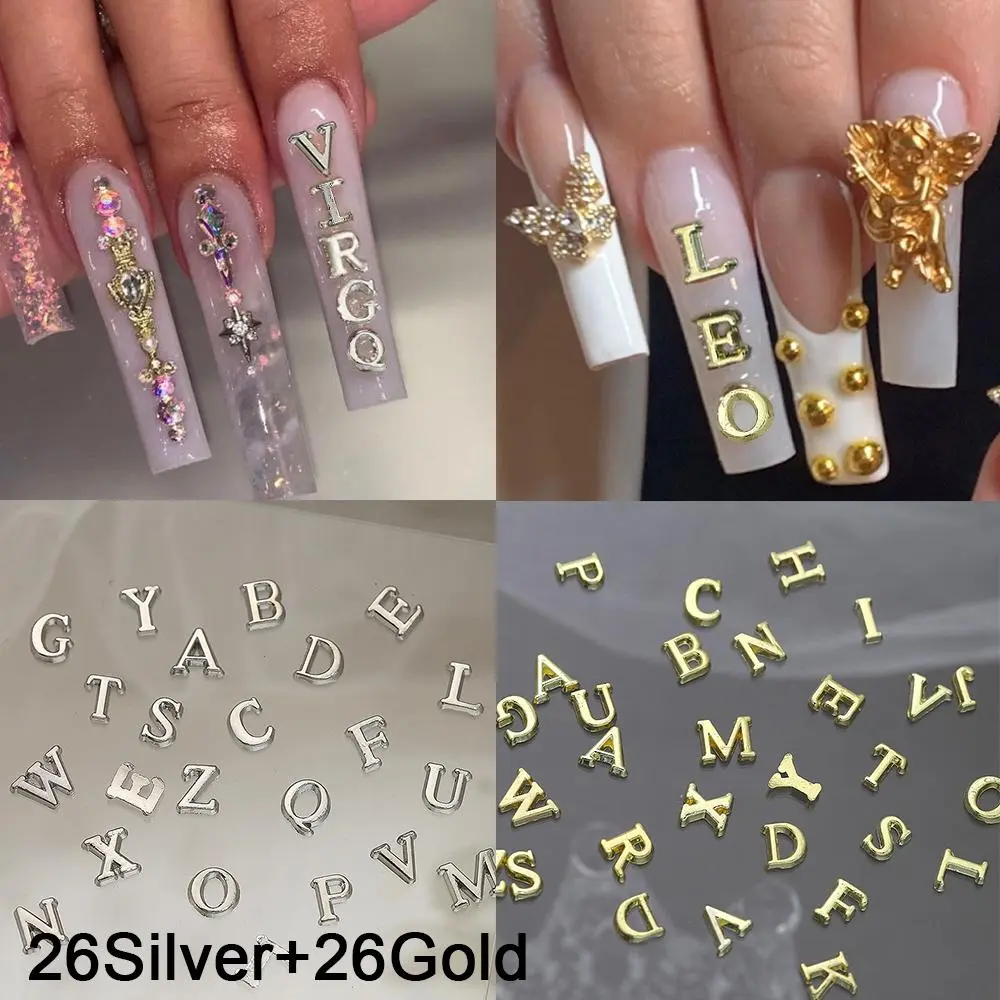 52pcs Simple Silver Gold A-Z English Letter Nail Charms Alphabet Character Alloy Nail Art Rhinestones 26 Alphabet DecorationsDIY