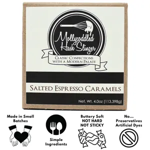 Mollycoddled Hash Slinger - Salted Espresso Caramels - 4oz box - Handmade Soft Caramels - Individually Wrapped Candy - Candy Gifts - Gluten Friendly Candy - Dye Free Candy - Sweets - Small Batch - Preservative Free Food - Snack - Coffee retro candy