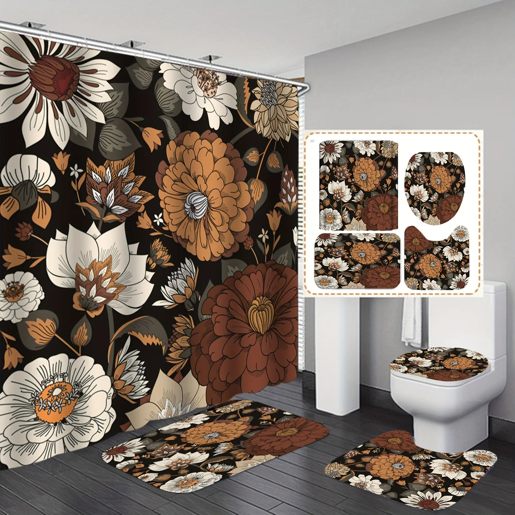 HOT 1/3/4pcs Boho Floral Bathroom Set  Colorful Bohemian Shower Curtain & Rugs Set  Modern Abstract Colorful Flower Shower Curtain With 12 Plastic Hooks  Bathroom Accessories Mat Toilet