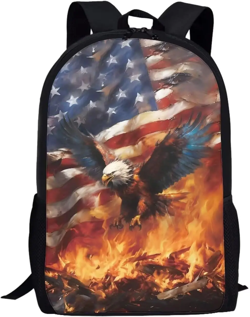 American Flag Backpack for Teen Large 17 Inches with Bottle Side Pocket Eagle Bag for Women Casual Daypacks Rucksack for Middle