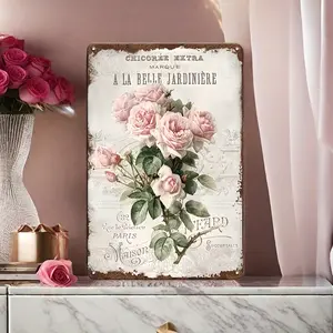 Home Decoration, Vintage French Rose Metal Sign - Shabby Chic Victorian Cottage Wall Decor, Elegant Pink Roses with Lace Patterns, Rustic Farmhouse Garden Art, 30.48x20.32 cm, Easy to Hang, Ideal for Kitchen/Dining Room