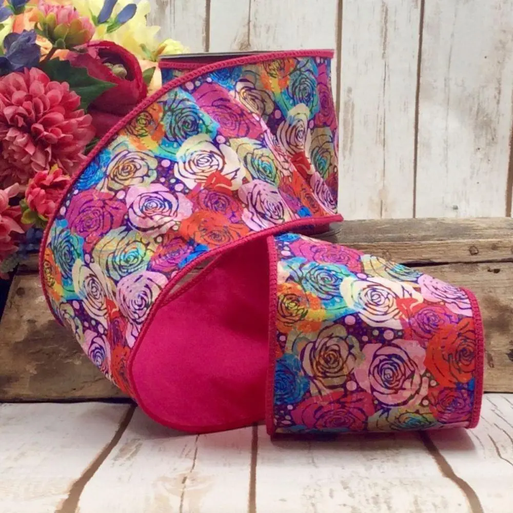 Colorful Wild Roses Ribbon, 4" X 10YD