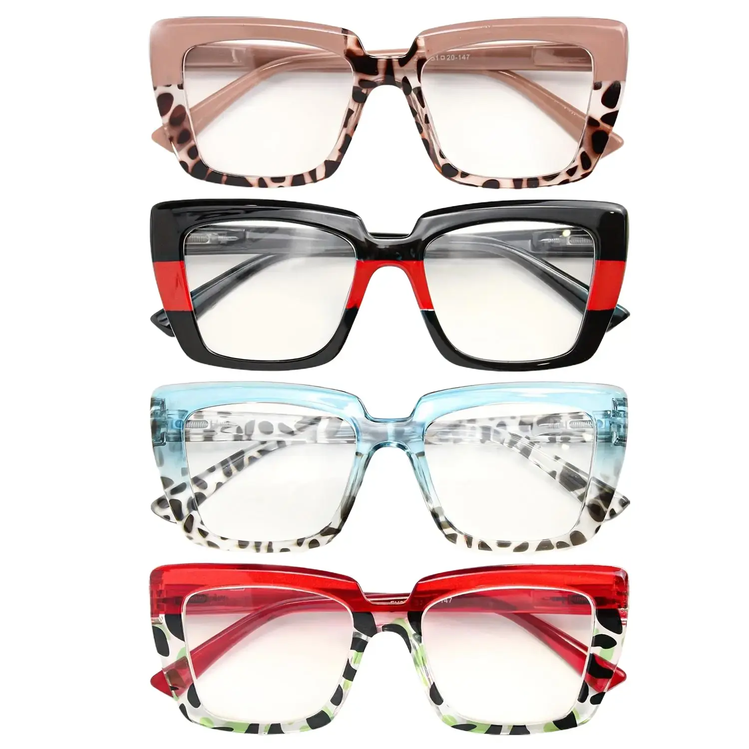 4-piece set of fashionable large-frame glasses, exclusively for women, featuring a stylish and colorful leopard print combined with classic black, suitable for various daily trends, with spring-loaded temple design for a more comfortable fit