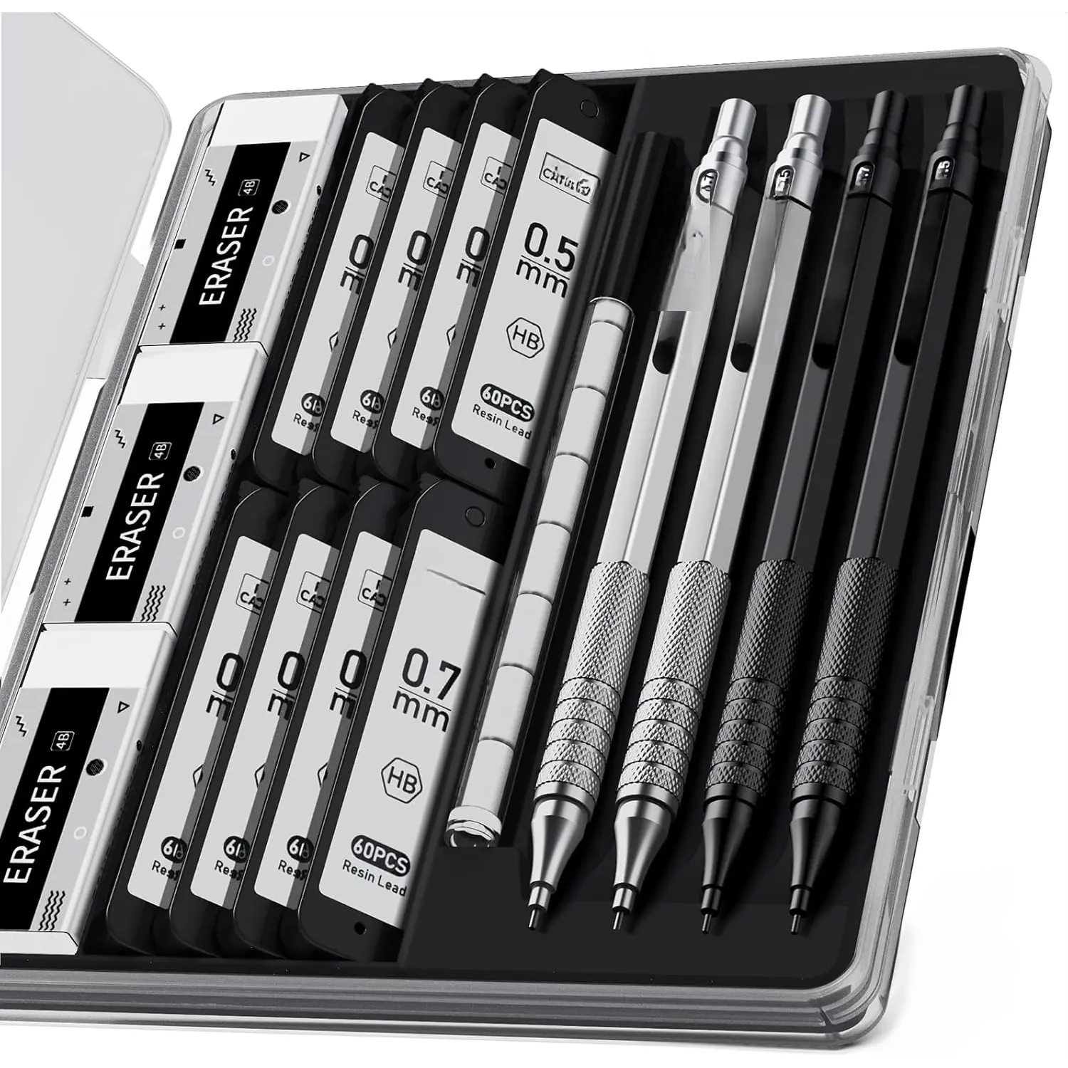4 count Metal Mechanical Pencils Set with Case, 0.5mm & 0.7 mm Artist Pencil with 8 Tubes (480PCS) HB Lead Refills, 3 Erasers,9 Eraser Refills For Writing Drafting, Drawing, Black&