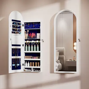 FREDEES Jewelry Cabinet Organizer with Mirror, 47 inch Lockable Full-Length Mirror Jewelry Armoire Hanging Door/Wall Mounted with 6 LEDS, Arched Framed Mirror Cabinet with Storage, Gift for Women, White