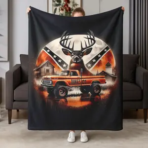 Vintage American Style Gift Blanket, Majestic Buck Scene, Soft Flannel Throw, Bedding, Sofa, Camping, All-Season Comfort