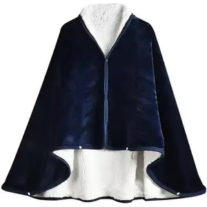 Wearable Blanket Shawl Coral Throw Soft Sherpa Poncho Wrap Sofa Snap Button Closure Warm Office Nap Sleeping  Watching TV Air Conditioning Blanket Cape Cover Bed Sofa  Blanket (Navy Blue)