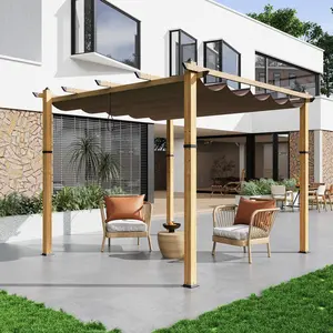 YJ-Garvee 10x10 ft Aluminum Pergola with Retractable Canopy, Imitation Wood Grain Appearance, Modern Metal Patio Pergola for Garden Backyard Deck Grape Trellis Porch, Khaki