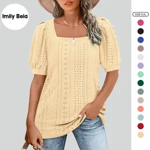 Imily Bela Womens Summer Tops 2026 Square Neck Short Sleeve Tunic Tops Eyelet T-Shirts