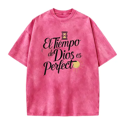 Women's Basic Seamless Short Sleeve Cotton T-Shirt - Casual Everyday Tops with "El Tiempo de Dios es Perfecto" Quote, Fitted, Smooth, Solid, Soft, Foldable, Lightweight, Round Neck, All Seasons, Custom Made, Machine Washable