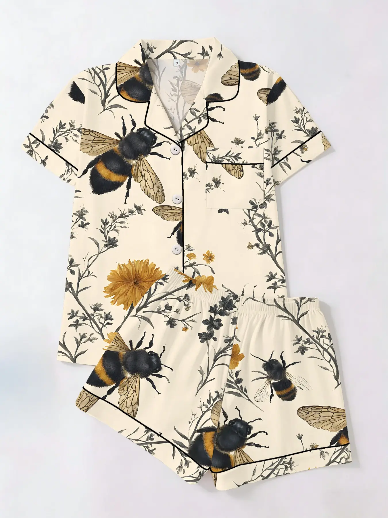 Women's Bee Daisy Floral Print Short Sleeve Shorts Set, Casual Fitted Home Wear Two-Piece Matching Pajamas, Printed Pajama Set, All Season Comfortable Sleepwear Loungewear Homewear