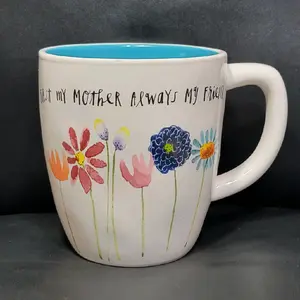 Rae Dunn Teal White Ceramic Floral  Mug  First My Mother, Always My Friend  Cup Best Mom Ever Stoneware Coffee Mug