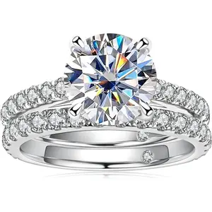 1pair 2pcs 3CT Round Cut S925 Silver Bridal Engagement Wedding Band Set queen ring Geometric Rhinestone Fashion Ring summervibes Sterling