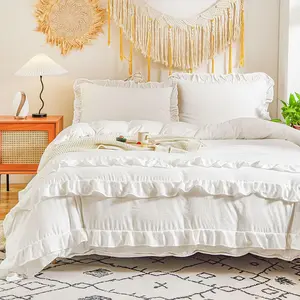 White Ruffle Duvet Cover Full 3Pcs Shabby Chic Farmhouse Bedding Set Girls Soft 100% Washed Microfiber Duvet Cover Set Boho Vintage Ruffled Bedding with 2