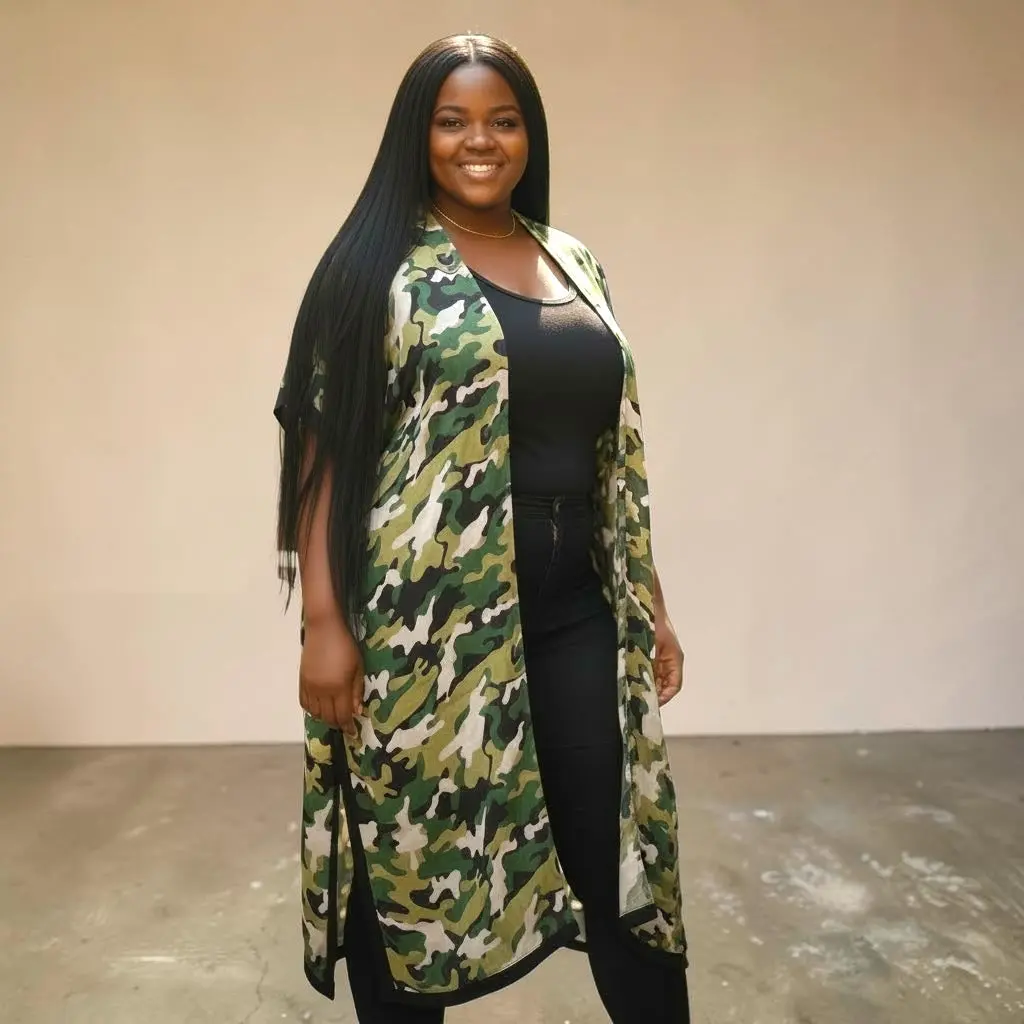 Women's One Size Long Open Front Camouflage Print Kimono