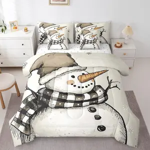 Cartoon Snowman Comforter Set,- 7 Pieces Bed in A Bag,Cute Snowman Comforter,s,Happy New Year Bedding Sets