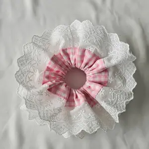 Pink Lace Scrunchies with White Embroidered Edge and Gingham Center Design