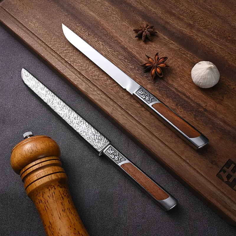 Vintage Plum Blossom Relief Wooden Handle Kitchen Sharp Meat Knife, Outdoor Portable Fruit Knife with Protective Sheath