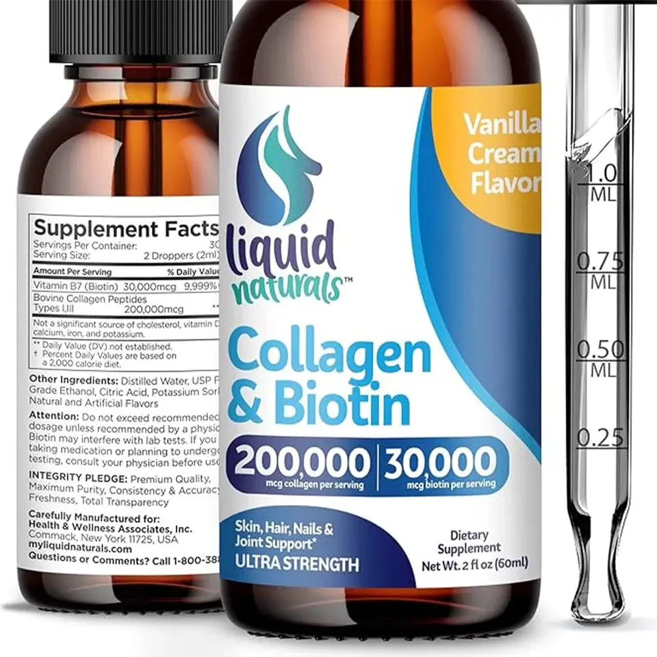 Collagen Supplement, Liquid Collagen and Biotin, Vitamin B7 for Hair, Skin, Nails - Vanilla Flavor