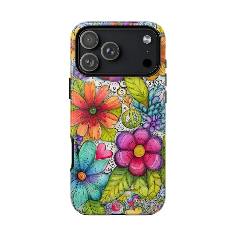 Retro 70's Boho Hippie Peace Love UV Printed Polycarbonate Smartphone Case - Dual-Layer, Durable, Shockproof Shell Accessory with Precise Cutouts, Raised Bezels, Drop Protection for Standard Edition iPhone 12/13/14/15/16/17 Pro, ProMax, Plus, Air
