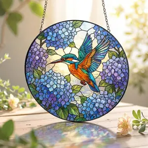 Kingfisher Stained Glass Suncatcher, Blue Hydrangea Window Hanging, Stained Glass Bird Panel, Hydrangea Flower Sun Catcher.