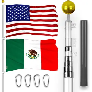 G128 Combo Pack: 25 Ft Telescoping Aluminum Flagpole (Silver) & American and Mexico Flags 3x5 Ft, Both ToughWeave Series Embroidered Polyester | Pole with Flags Included