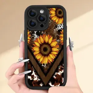 Creative - Western Leopard Print and Sunflower,phone Case Suitable for Iphone 11/12/13/14/15/16/17 Pro.Black TPU Soft Case, Provides Shockproof Protection, It Is A Good Gift for You To Give As A Gift/For Your Boyfriend or Girlfriend/Christmas/Winter.